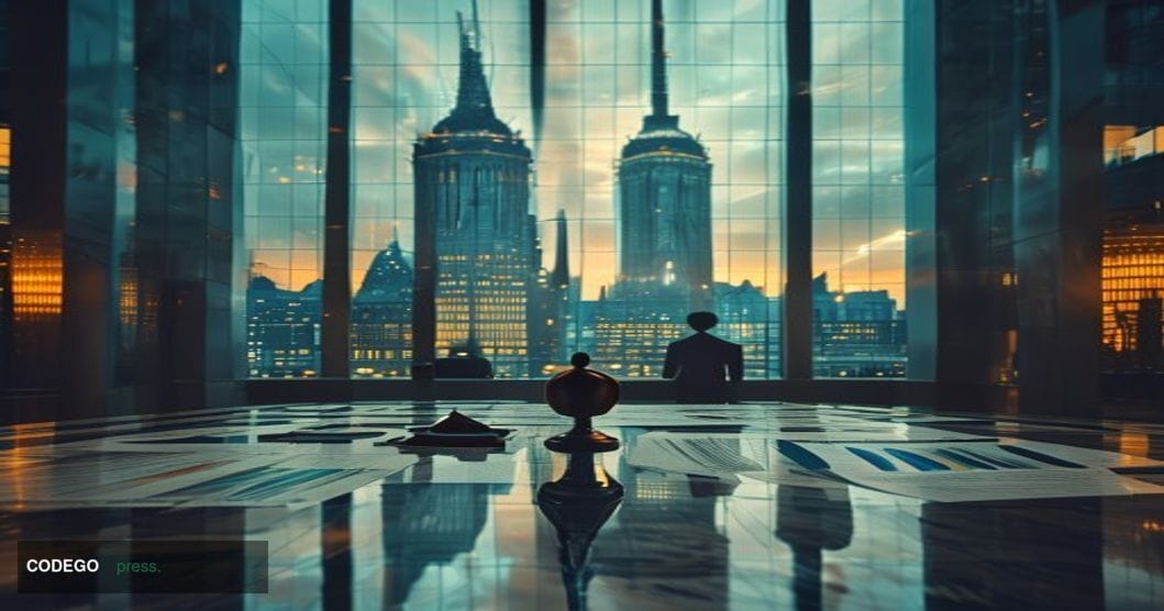 A photorealistic editorial photograph set inside the grand atrium of the European Central Bank headquarters in Frankfurt, Ger