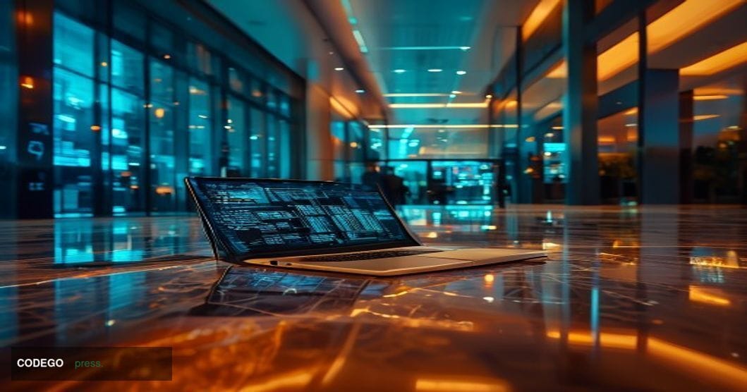 A cinematic editorial photograph set in the glass-and-steel lobby of a large professional services firm, with the imposing fa