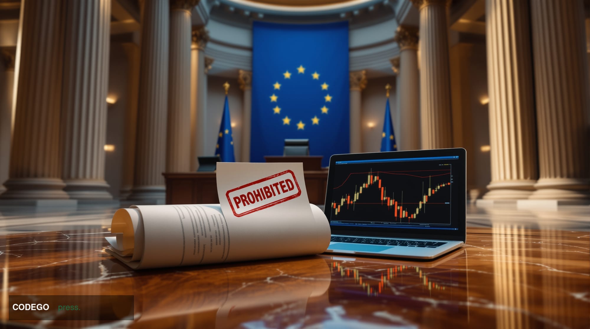 A wide-angle cinematic editorial photograph taken inside a grand European regulatory institution's marble-floored chamber, re