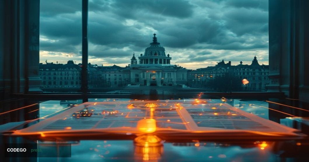 A dramatic cinematic editorial photograph set in Brussels, Belgium, with the iconic European Parliament building visible in t