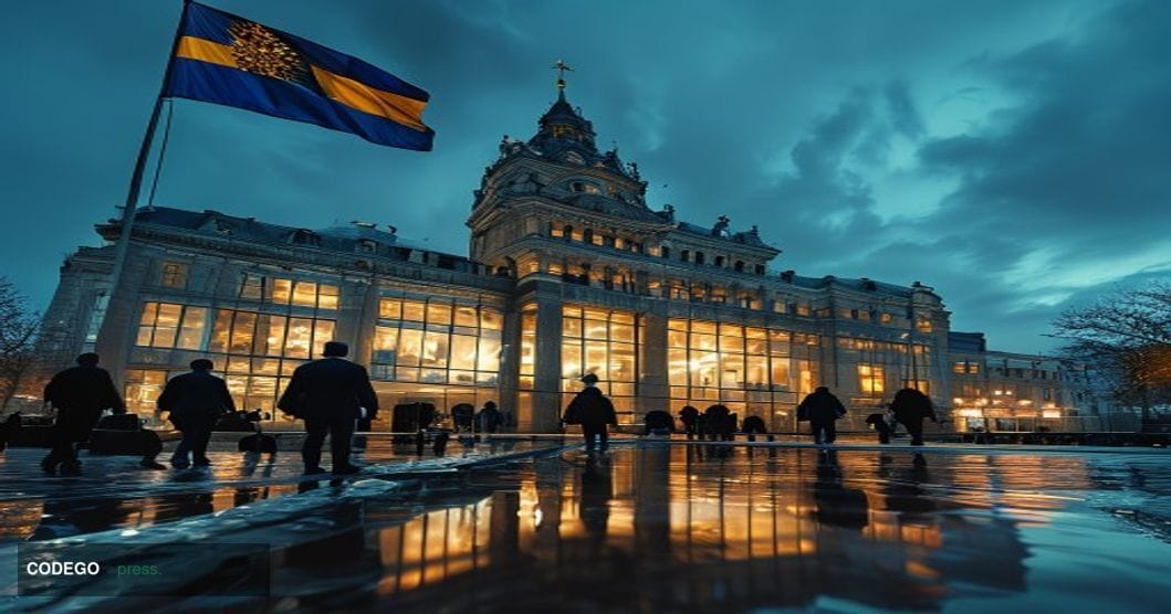 A dramatic cinematic editorial photograph set in Brussels, Belgium, with the iconic Berlaymont building — headquarters of the