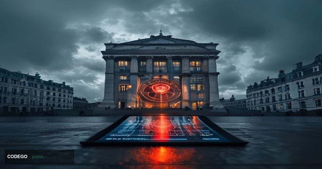 A cinematic editorial photograph centered on the imposing neoclassical facade of the European Council building in Brussels, B