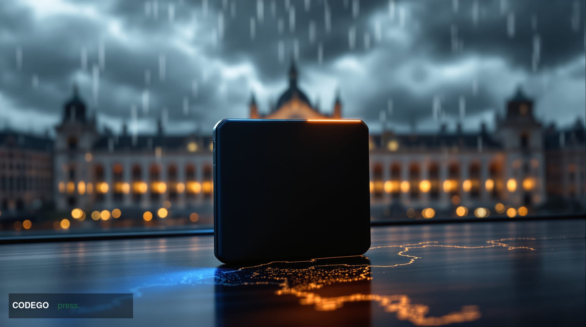 A dramatic cinematic editorial photograph set in Brussels, Belgium, with the iconic European Parliament building visible in t