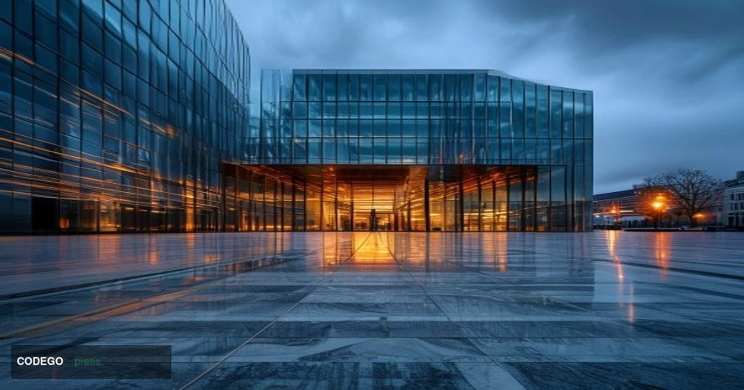 A cinematic editorial photograph centered on Euroclear's Brussels headquarters building exterior, its modernist glass-and-ste