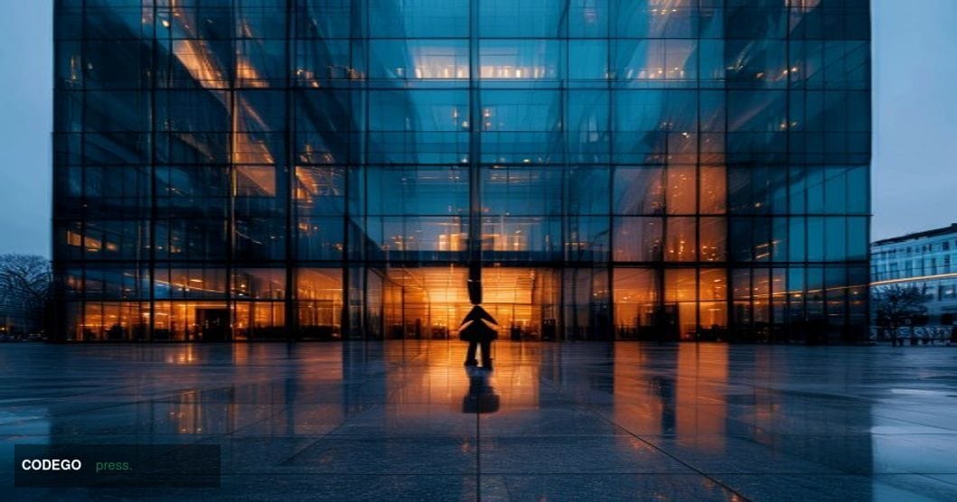 A cinematic editorial photograph set at the Euroclear headquarters building in Brussels, Belgium, captured at dusk with drama