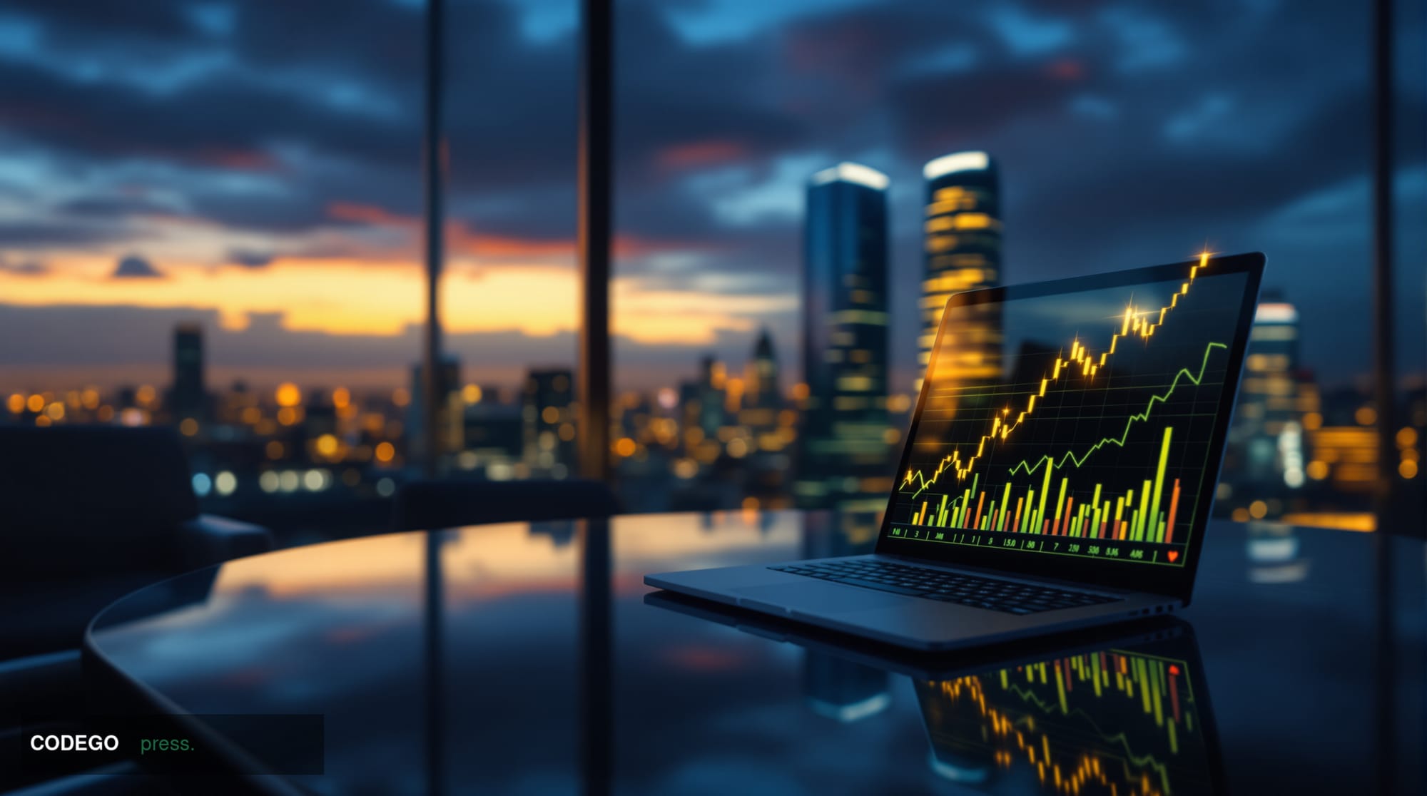 A cinematic editorial photograph of the Frankfurt financial district skyline at dusk, with the iconic Commerzbank Tower and E