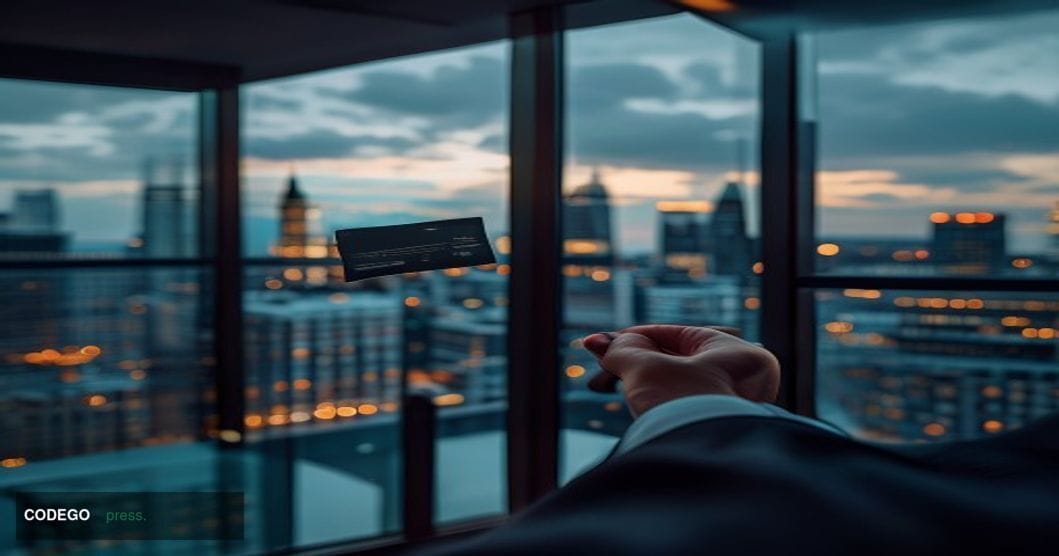 A cinematic editorial photograph capturing a sleek, modern corporate office environment in London's financial district, with 