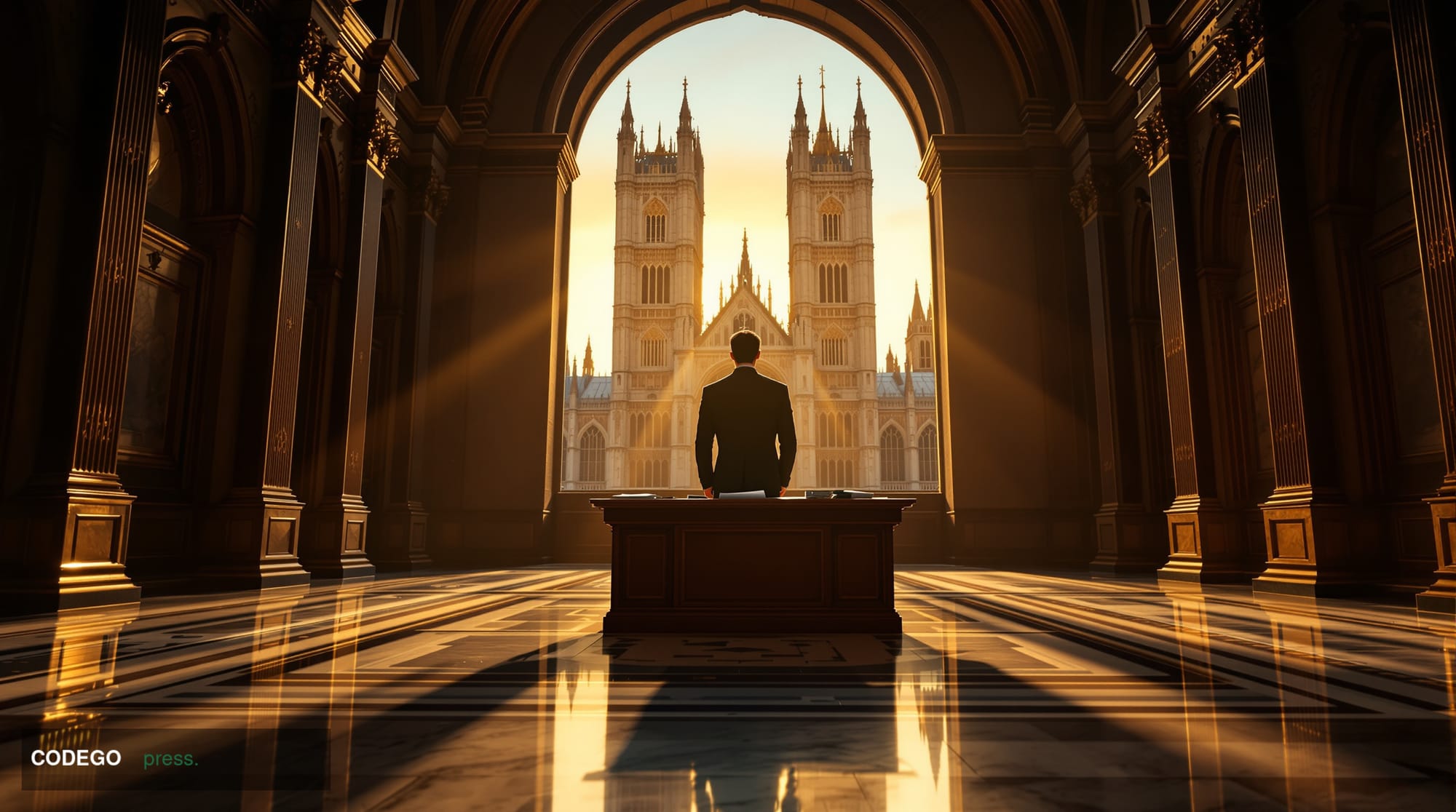 A dramatic cinematic editorial photograph set inside a grand British parliamentary corridor, with ornate Gothic Revival stone
