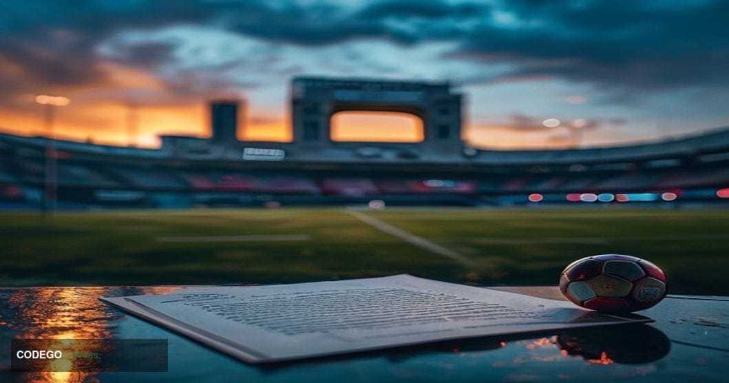 A dramatic cinematic editorial photograph shot at dusk outside Wembley Stadium in London, its iconic arch glowing with cool b