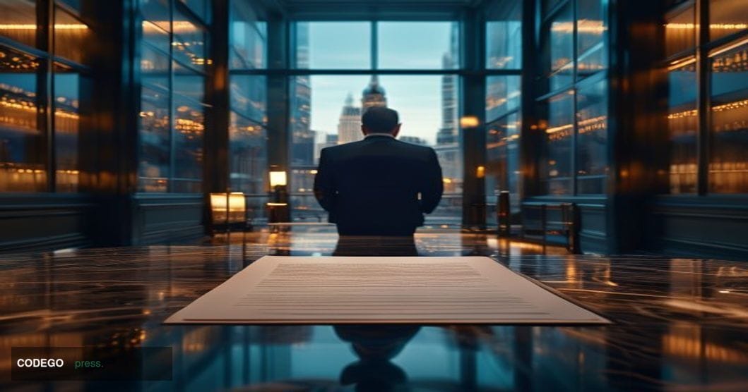 A photorealistic cinematic editorial photograph set inside a monumental British financial regulatory chamber, modeled on the 