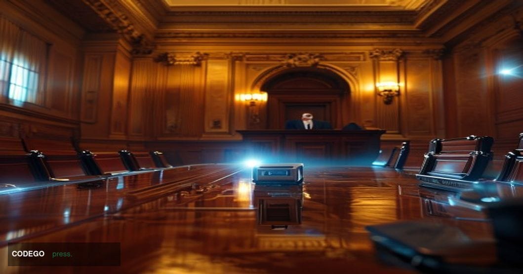 A cinematic editorial photograph shot at a mid-distance angle inside a U.S. federal regulatory hearing chamber, with warm amb