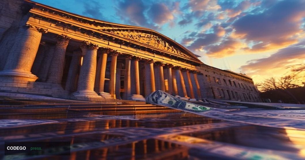A cinematic editorial photograph of the Federal Reserve's neoclassical Washington D.C. headquarters building captured from a 