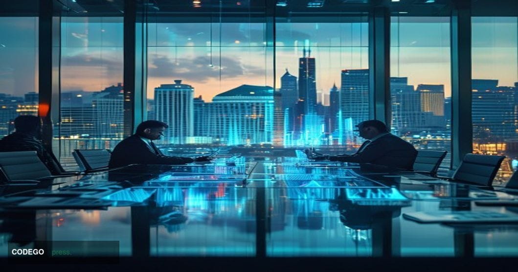 # Image Prompt:

A modern central bank conference room photographed from a wide angle, showing two economists of different ba