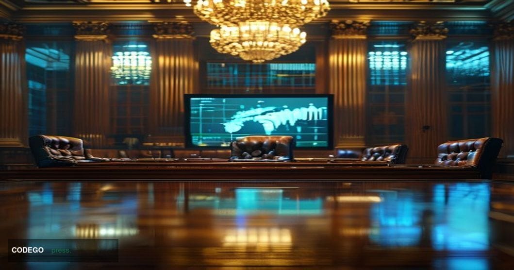 A photorealistic cinematic editorial photograph set inside a grand Federal Reserve boardroom with a long polished mahogany ta
