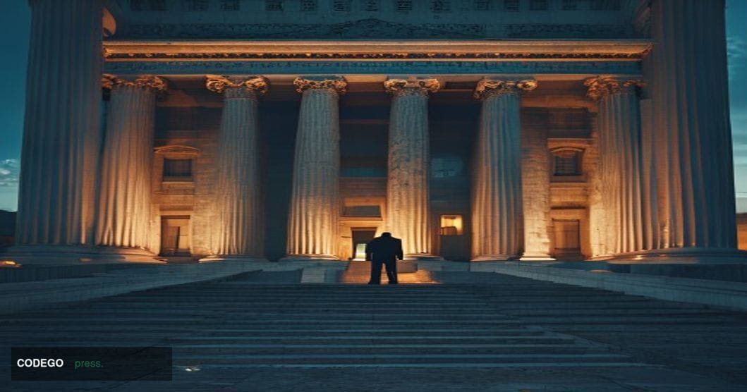 A photorealistic cinematic editorial photograph of the Federal Reserve headquarters building in Washington D.C. — the Eccles 