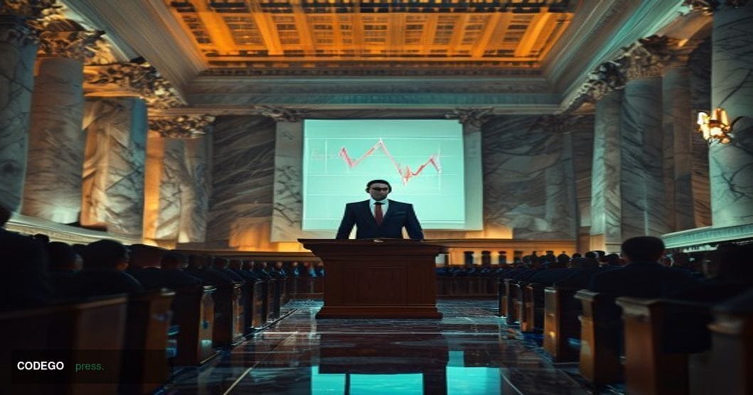 A photorealistic cinematic editorial photograph set inside the grand marble corridors of the Federal Reserve Building in Wash