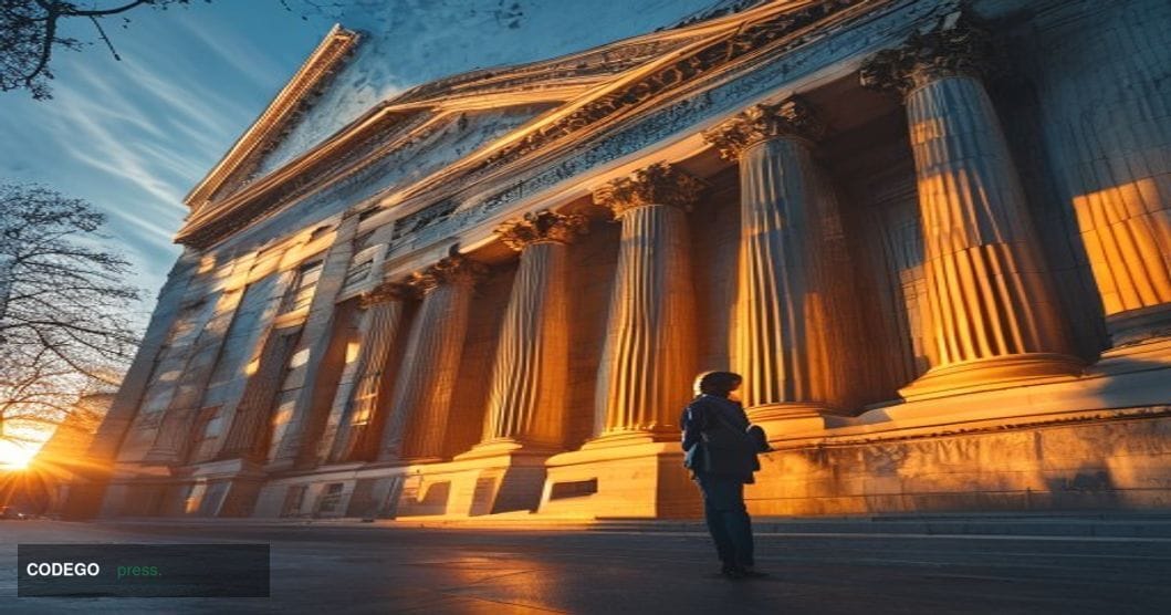 A cinematic editorial photograph capturing the grand neoclassical exterior of the Federal Reserve Bank of Cleveland's histori