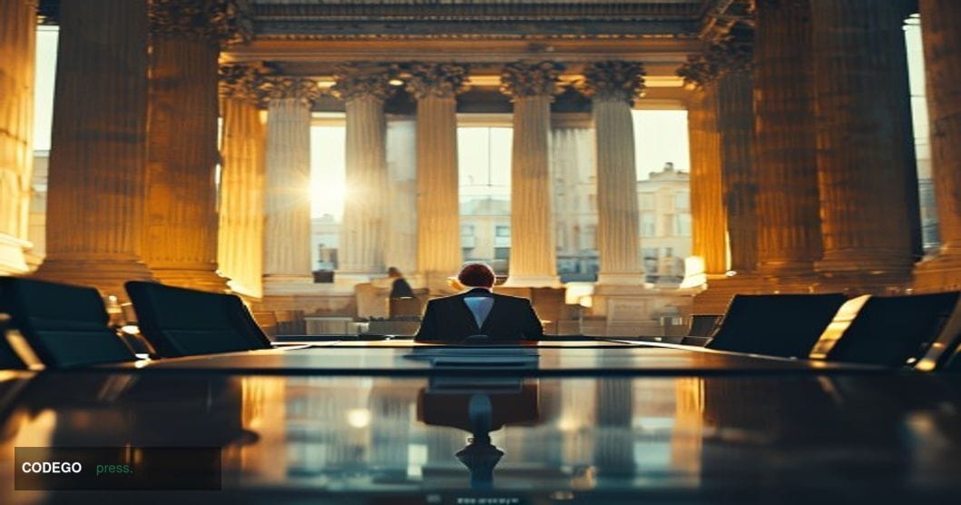 A cinematic editorial photograph set in Rome, Italy, with the iconic neoclassical columns of the Bank of Italy headquarters v
