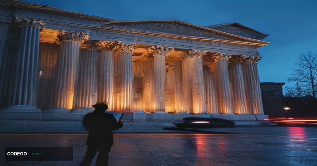 A photorealistic editorial photograph centered on the neoclassical facade of the Marriner S. Eccles Federal Reserve Board Bui