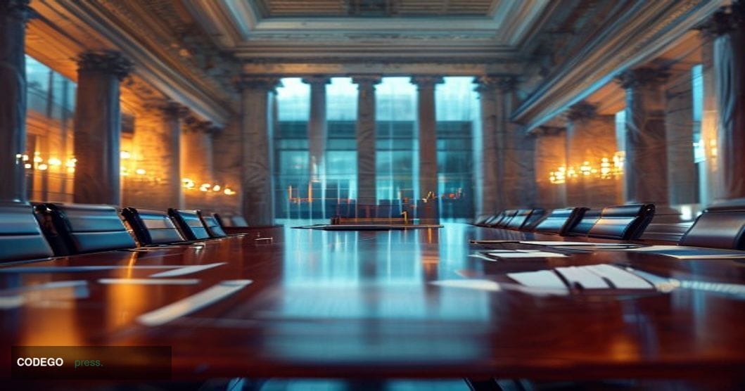 A cinematic editorial photograph set inside a grand Federal Reserve boardroom in Washington D.C., featuring the iconic neocla