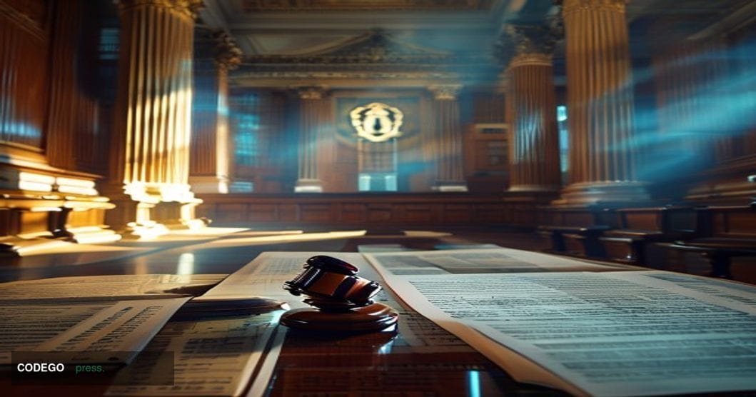 A photorealistic editorial photograph set inside a grand federal courthouse interior in Minneapolis, Minnesota, with imposing