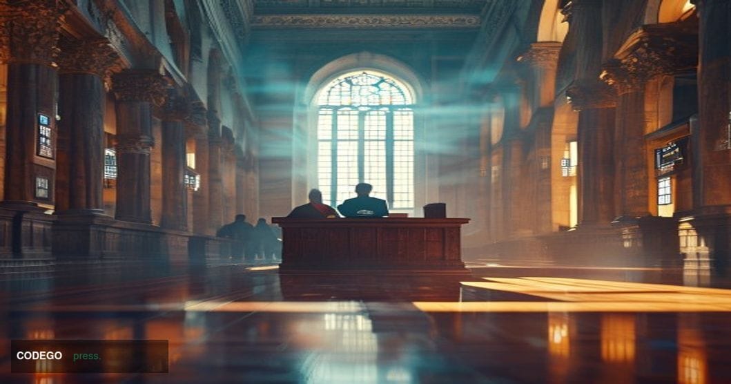 A dramatic courtroom-adjacent editorial scene set in a federal courthouse in Minnesota — wide marble hallways with towering s