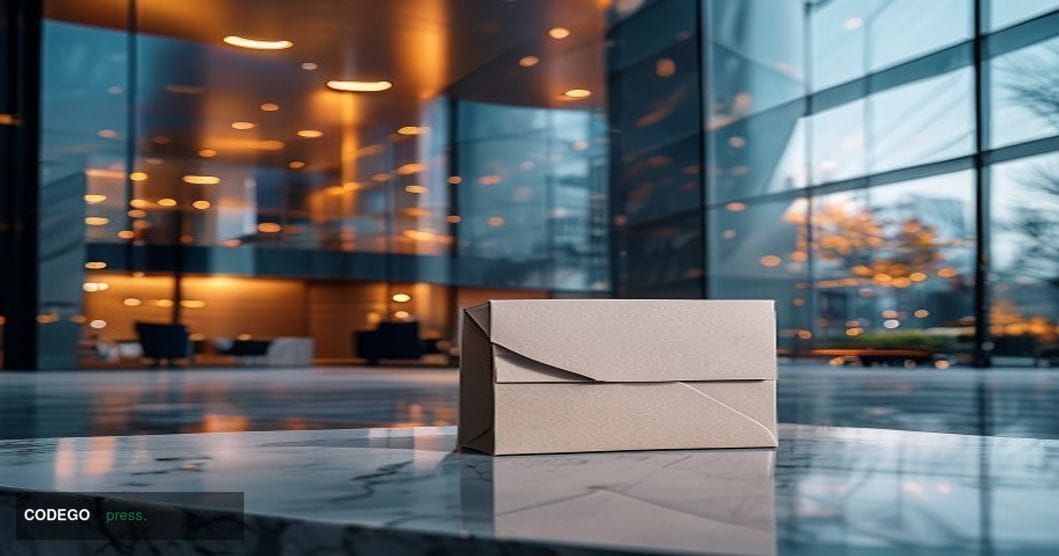A cinematic editorial photograph set outside a recognizable Fifth Third Bank branch, shot from a low angle looking up at the 