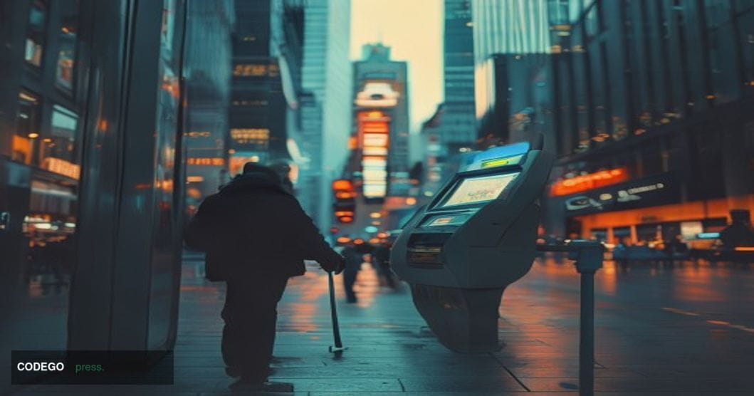 A photorealistic editorial photograph shot at street level in a bustling urban financial district — likely London's Canary Wh