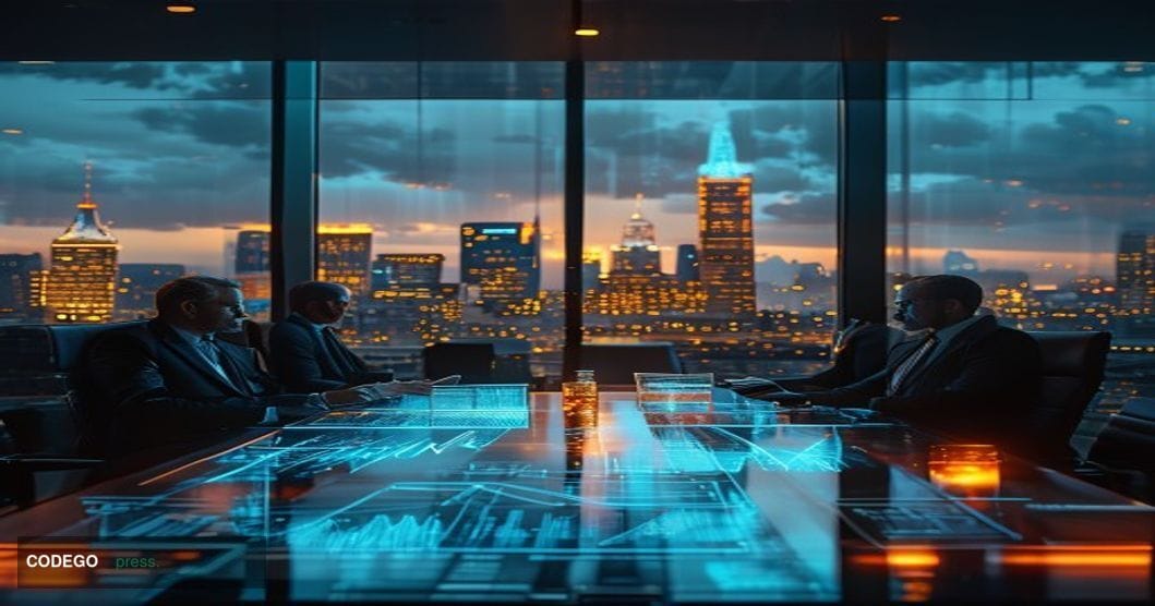 A dramatic cinematic editorial photograph set inside a sleek, modern venture capital investment boardroom in London or Frankf