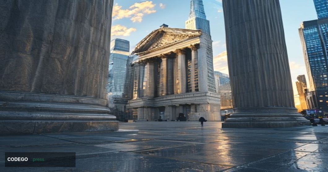 A cinematic editorial photograph shot from street level looking up at a grand Midwestern bank building facade with classical 