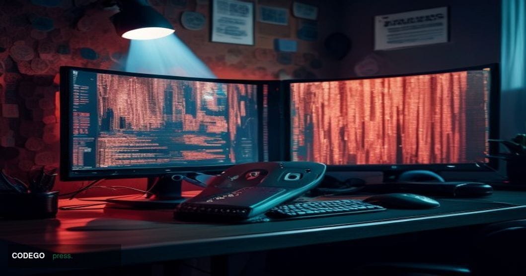 A cinematic editorial photograph taken at a dimly lit gaming setup, with a dual-monitor PC displaying a paused video game on 
