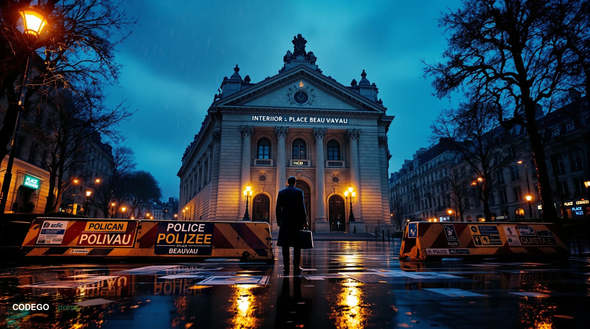 A cinematic editorial photograph set on a rain-slicked Parisian boulevard at dusk, with the imposing stone façade of the Fren