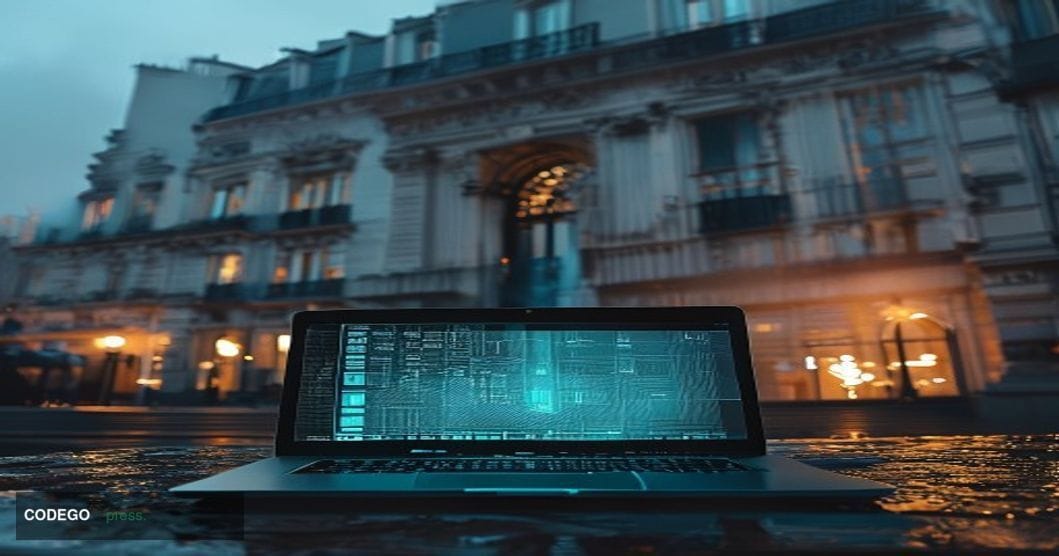 A dramatic editorial photograph set in Paris, France, with the iconic Palais Royal or a grand Haussmann-era government buildi