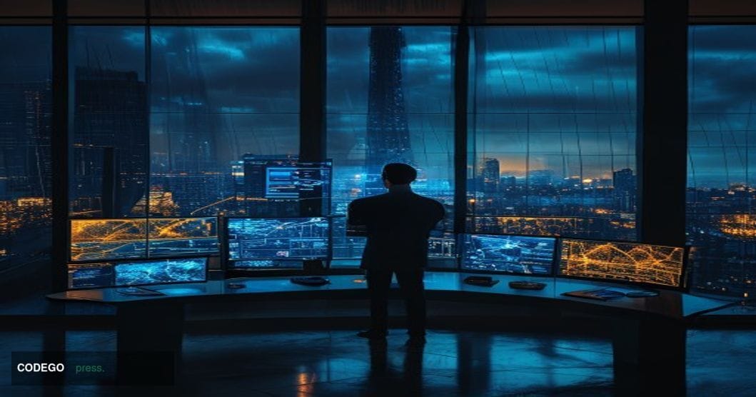 A cinematic editorial photograph set inside a modern Parisian financial district office building, with the Eiffel Tower faint