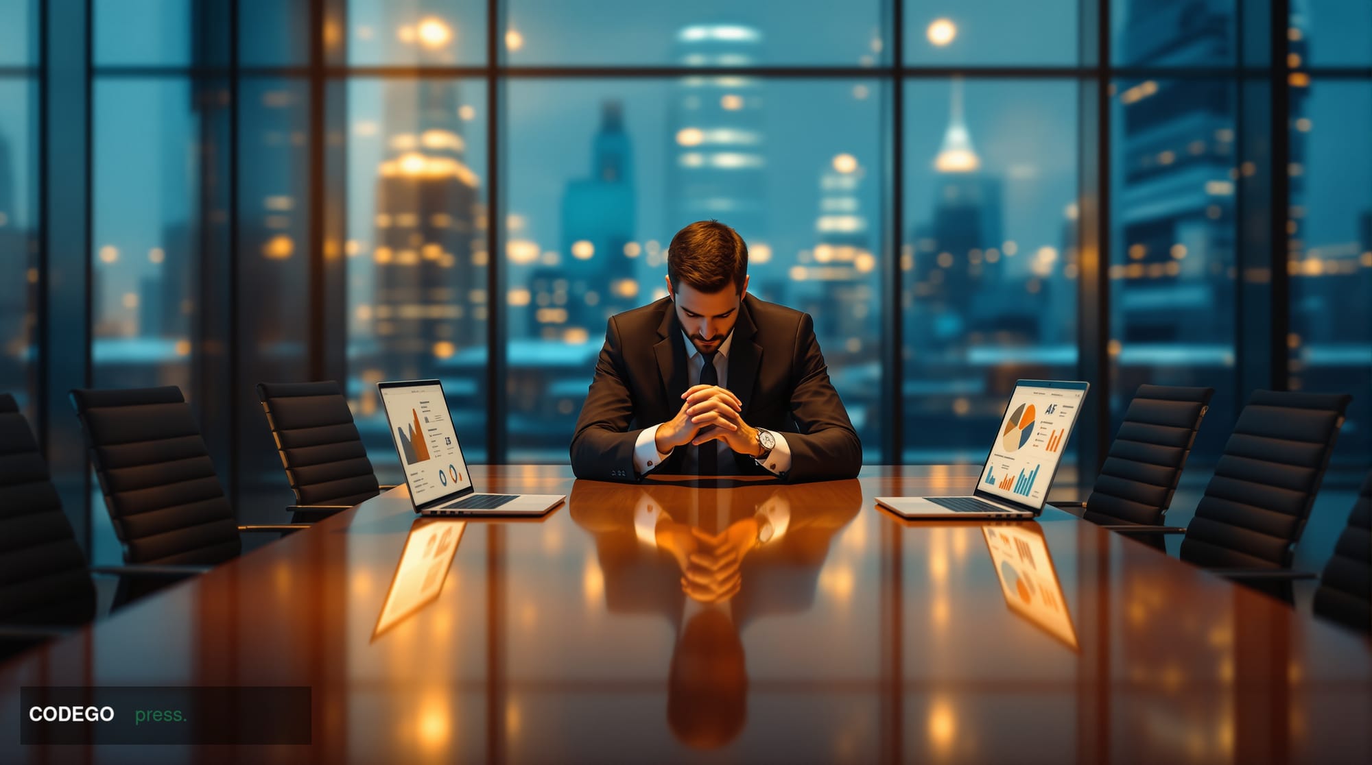 A cinematic editorial photograph set inside a sleek, modern financial institution's open-plan office, shot from a low angle l