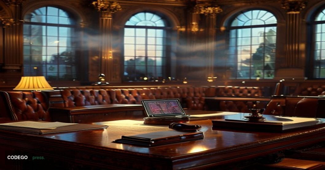 A cinematic editorial photograph set inside a federal regulatory hearing room in Washington D.C., with an imposing mahogany c