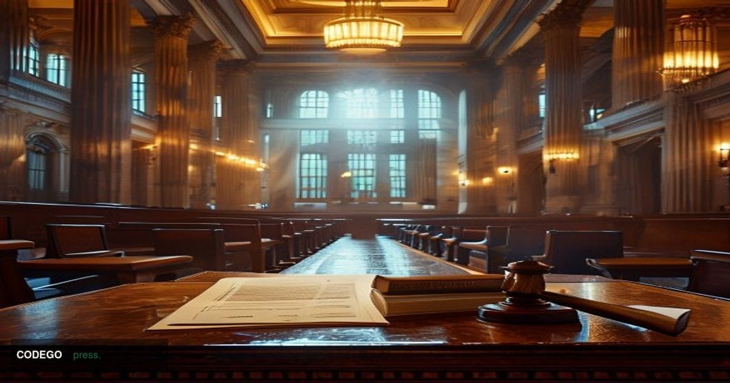 A dramatic cinematic editorial photograph set inside a monumental federal bankruptcy court chamber, with towering marble colu