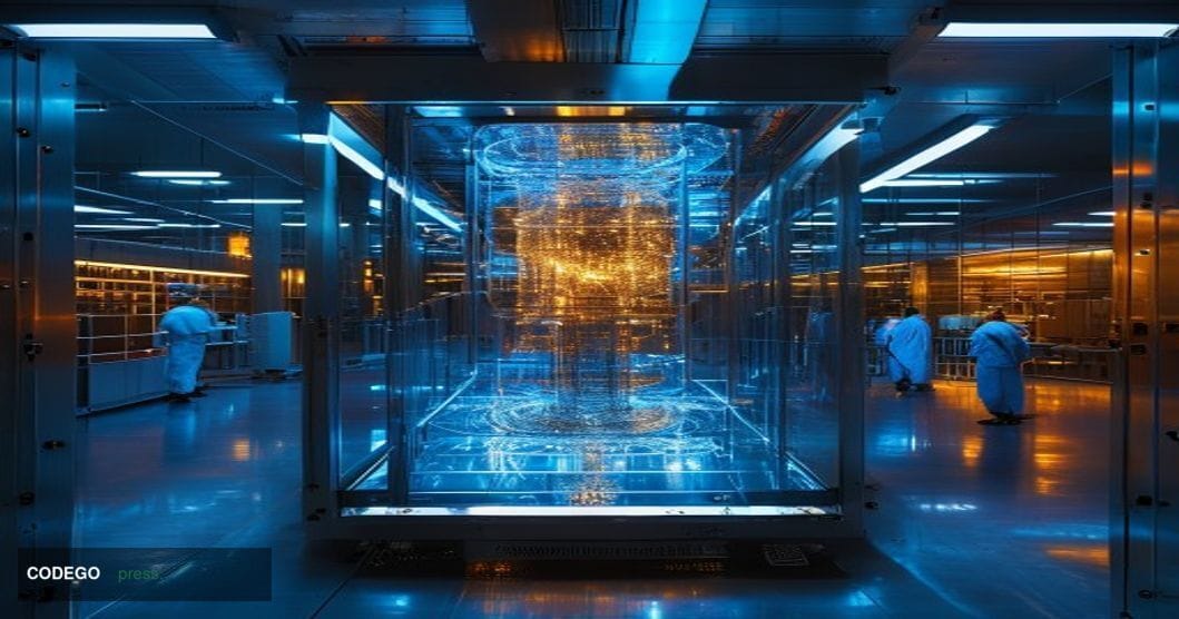 A dramatic cinematic editorial photograph set inside a high-security quantum computing research facility, with a large glowin