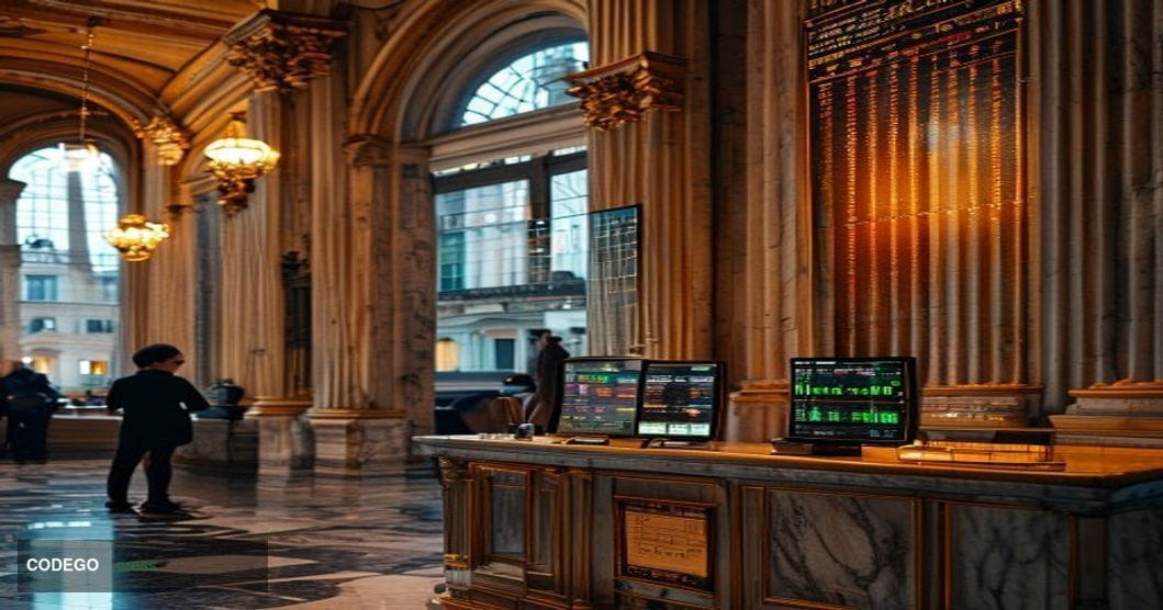 A dramatic photorealistic editorial photograph set inside a grand, marble-floored German savings bank branch — evoking the ne