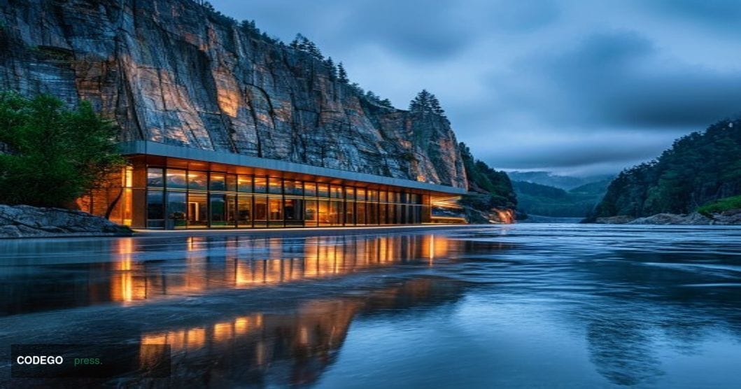 A cinematic editorial photograph taken at the Oregon-Washington state border along the Columbia River, with the dramatic basa