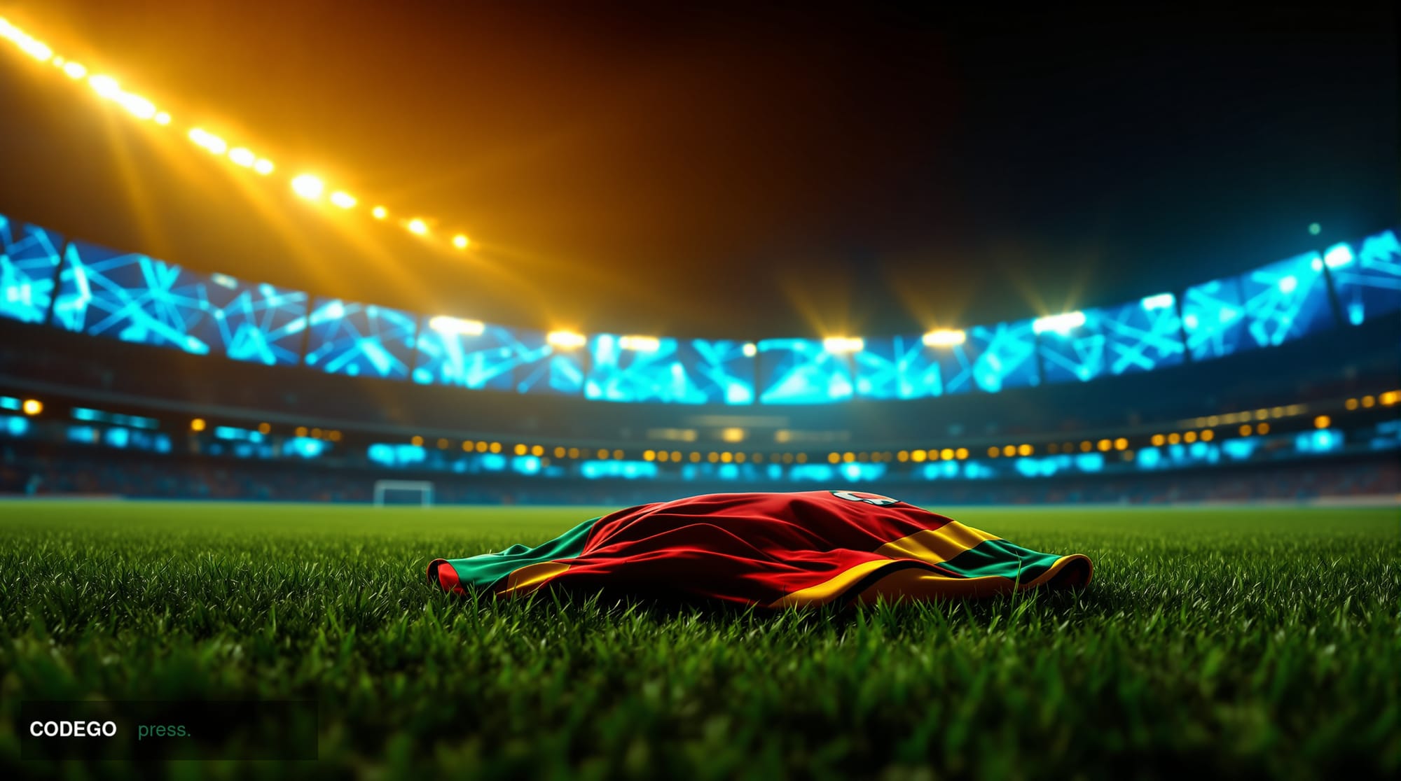 A cinematic editorial photograph shot at pitch-level inside a modern FIFA World Cup stadium, dramatic floodlights casting war