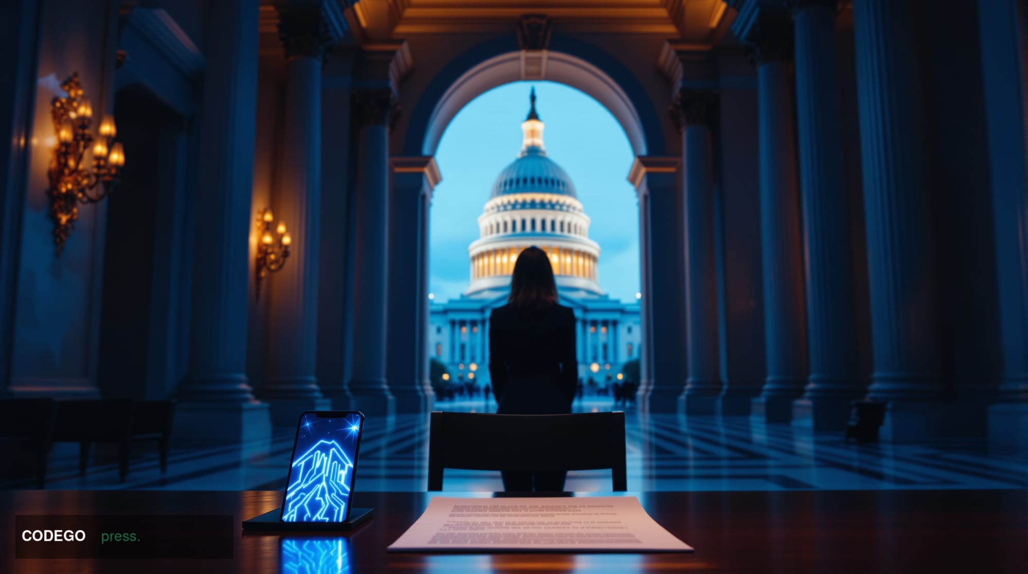 A cinematic editorial photograph set inside a grand marble United States Senate chamber corridor, dramatically lit with cool 