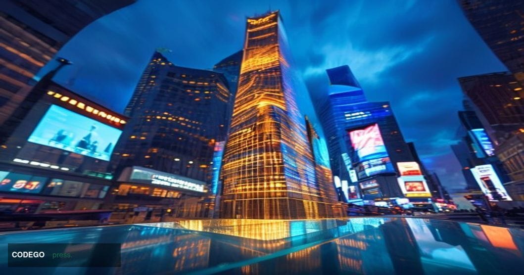 A dramatic photorealistic editorial photograph of the Nasdaq MarketSite headquarters in Times Square, New York City, with its