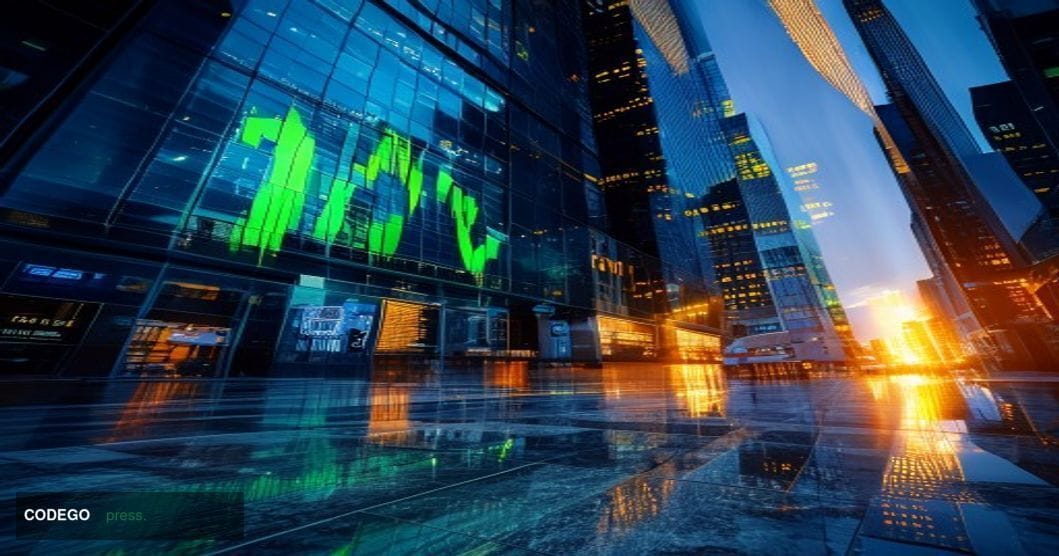 A photorealistic editorial photograph shot at a low angle looking up at a gleaming glass-and-steel financial district tower, 