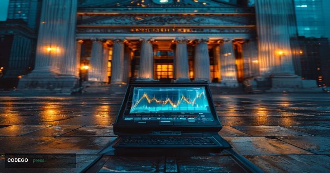 A cinematic editorial photograph set in lower Manhattan's financial district, with the neoclassical facade of a federal build