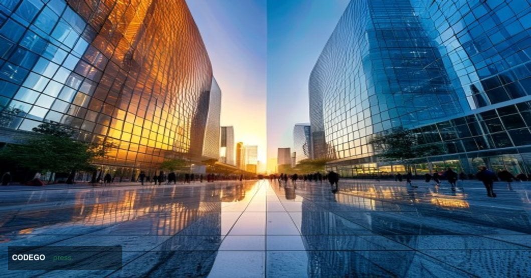 A dramatic split-screen editorial photograph taken at ground level looking upward at two modern glass corporate towers diverg