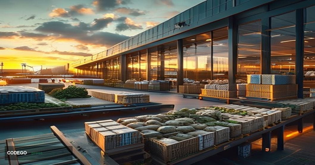 A cinematic editorial photograph of a modern food technology distribution warehouse exterior at golden hour, with industrial-