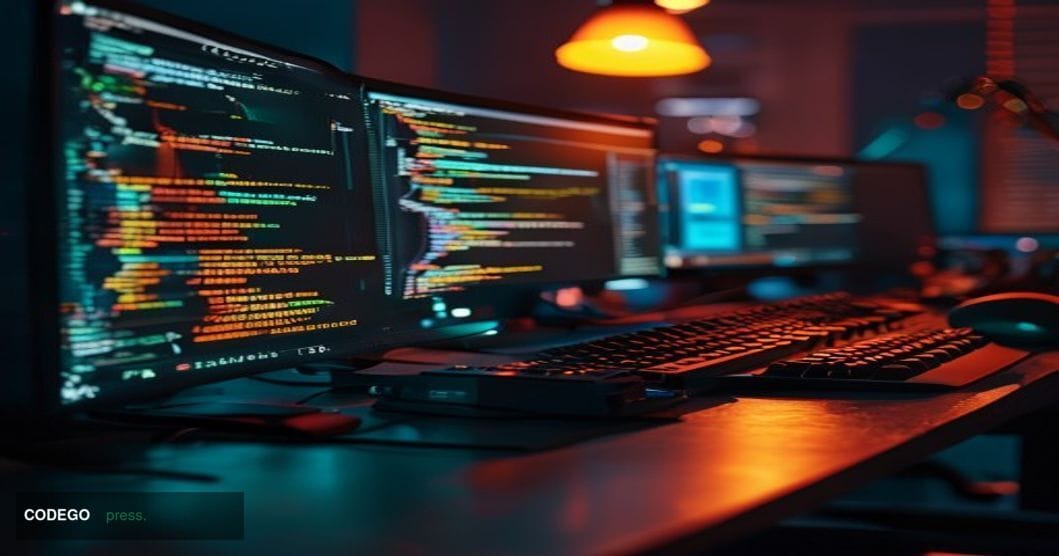 A dramatic close-up editorial photograph of a developer's workstation in a dimly lit office at night, with multiple monitors 