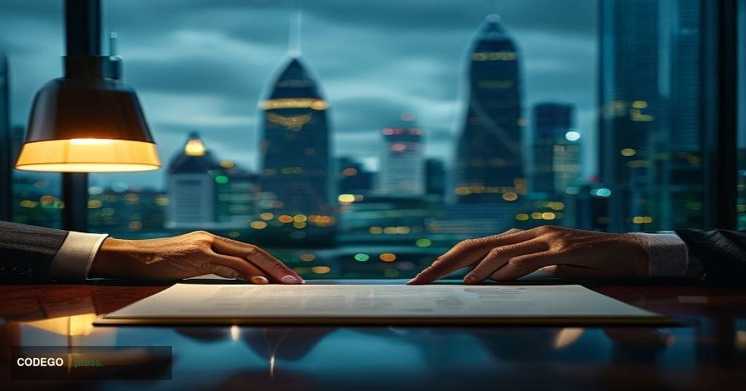 A cinematic editorial photograph set in Singapore's central business district financial corridor, with the iconic Marina Bay 