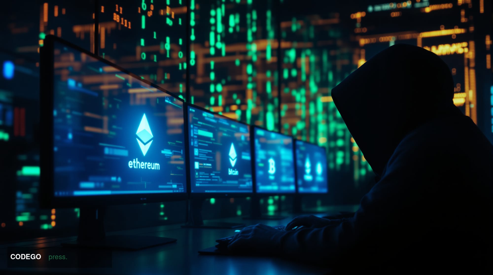 A cinematic editorial photograph depicting a dimly lit server room with Ethereum and Bitcoin blockchain symbols glowing on mu